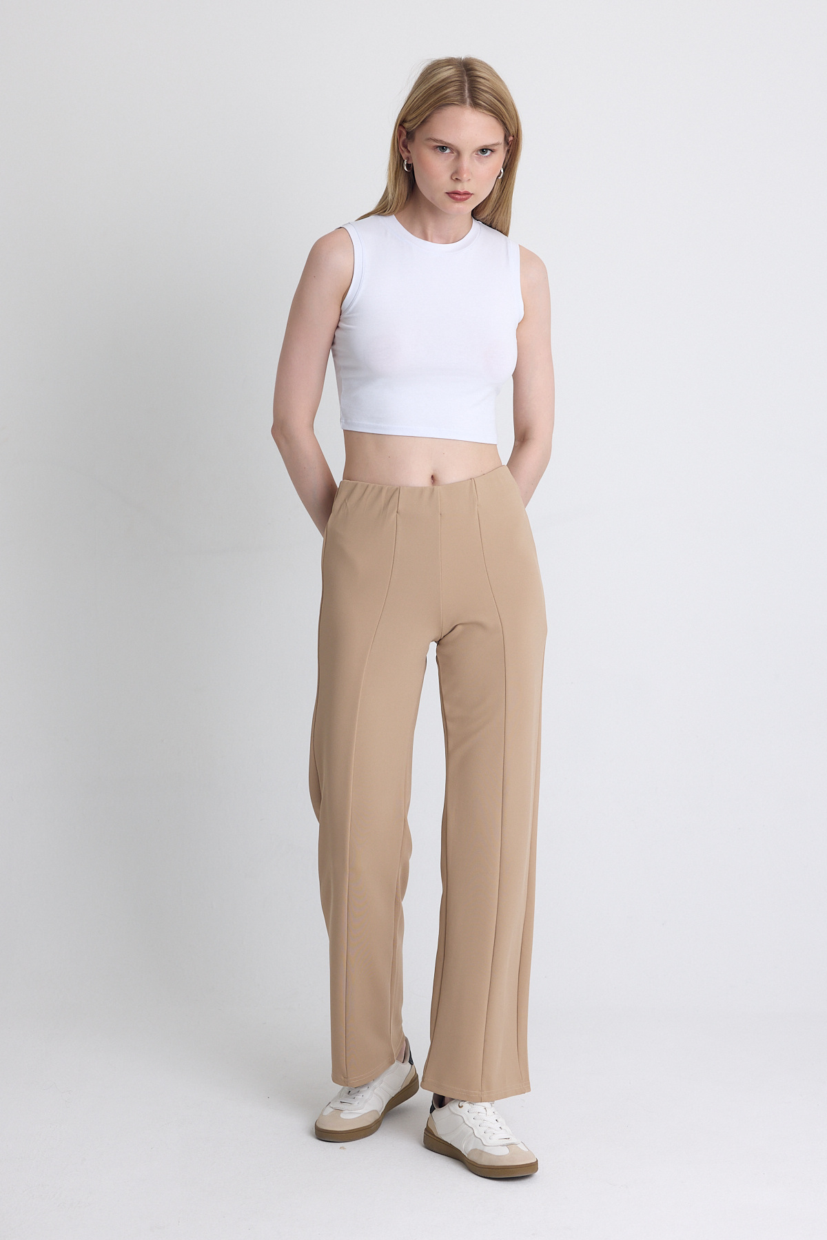 Bej Yüksek Bel Dikiş Detaylı Tayt Pantolon 1002 - 3