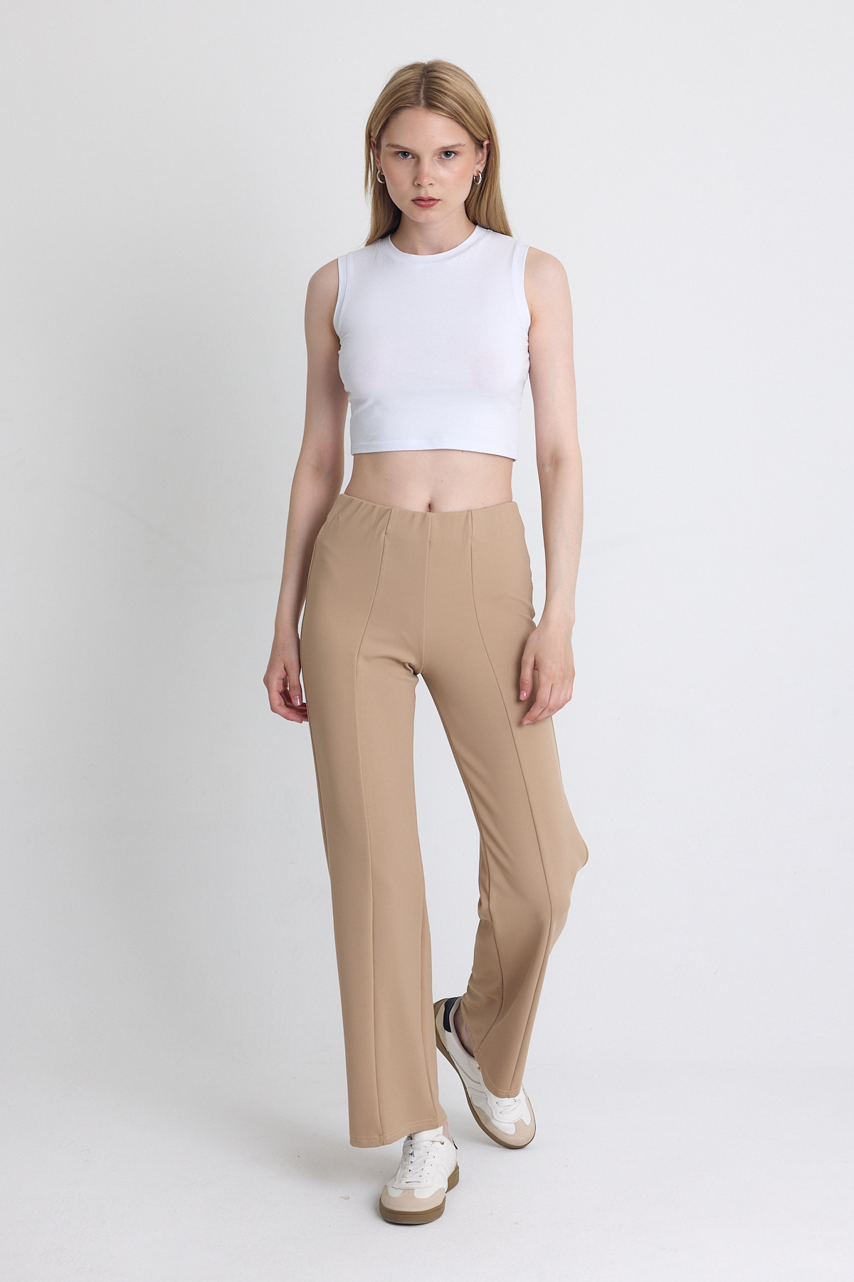 Bej Yüksek Bel Dikiş Detaylı Tayt Pantolon 1002 - 6
