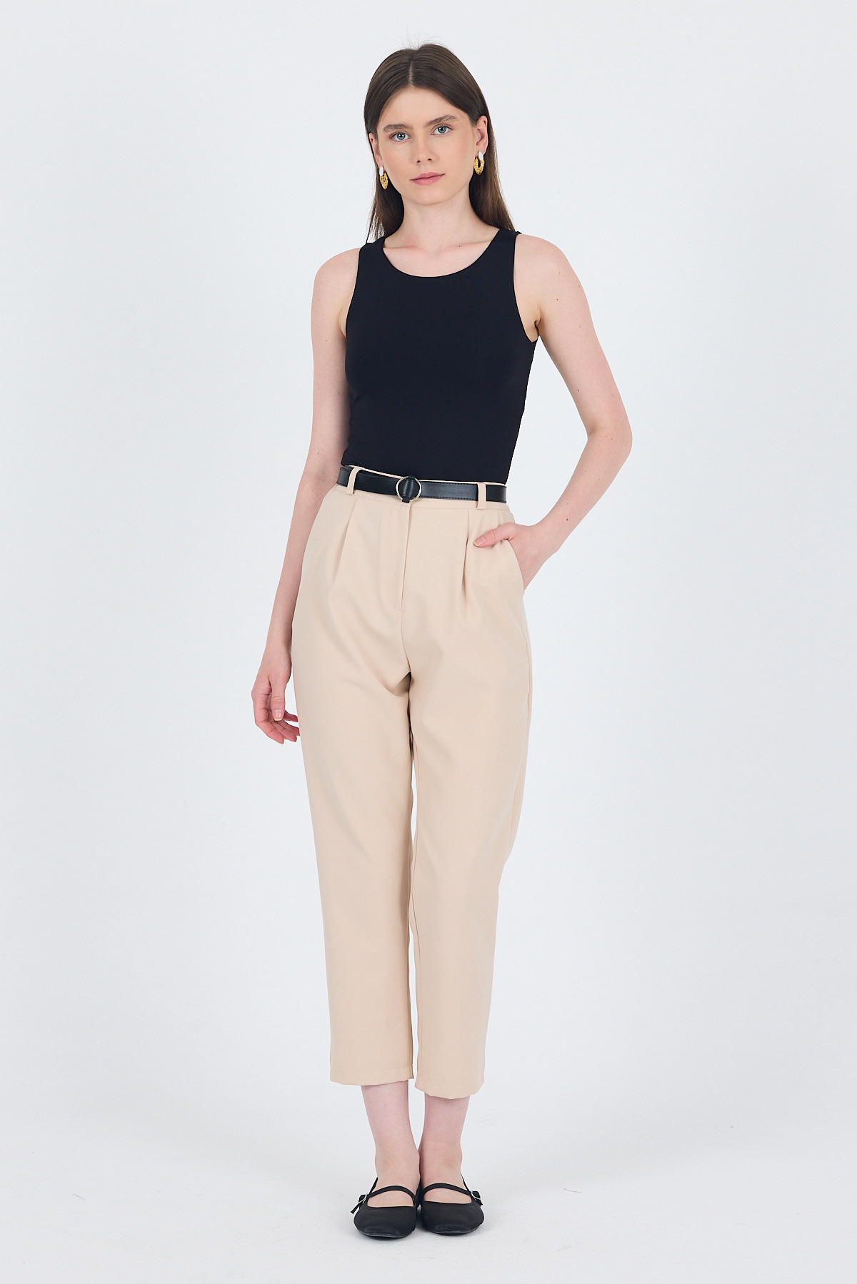Bej Yüksek Bel Kemerli Havuç Kesim Pantolon 6418A - RAYS