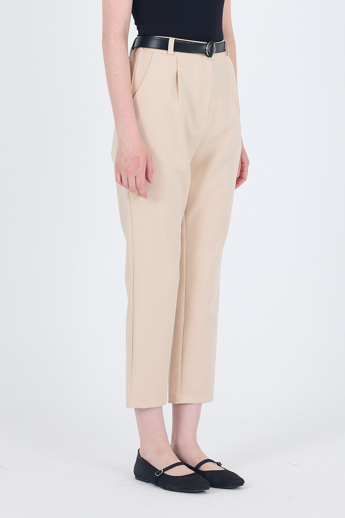 Bej Yüksek Bel Kemerli Havuç Kesim Pantolon 6418A - 5