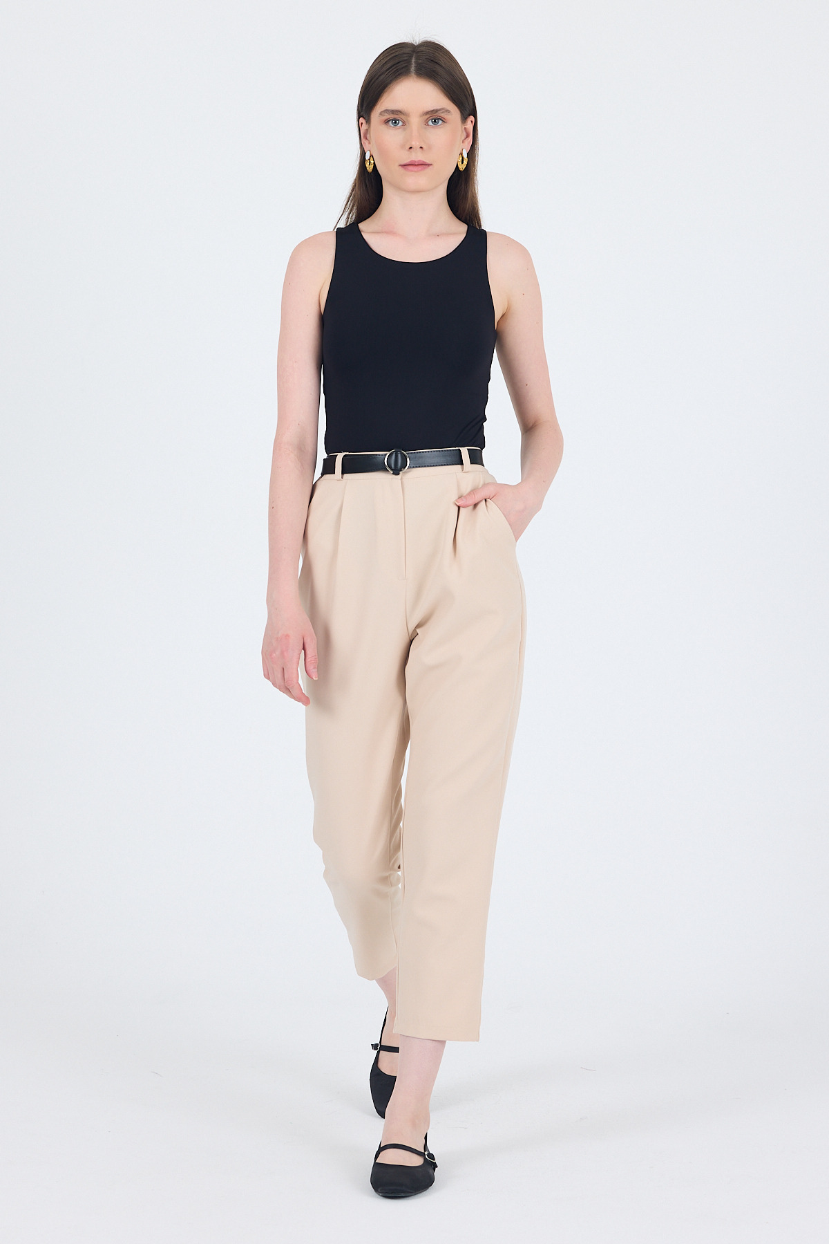 Bej Yüksek Bel Kemerli Havuç Kesim Pantolon 6418A - 2