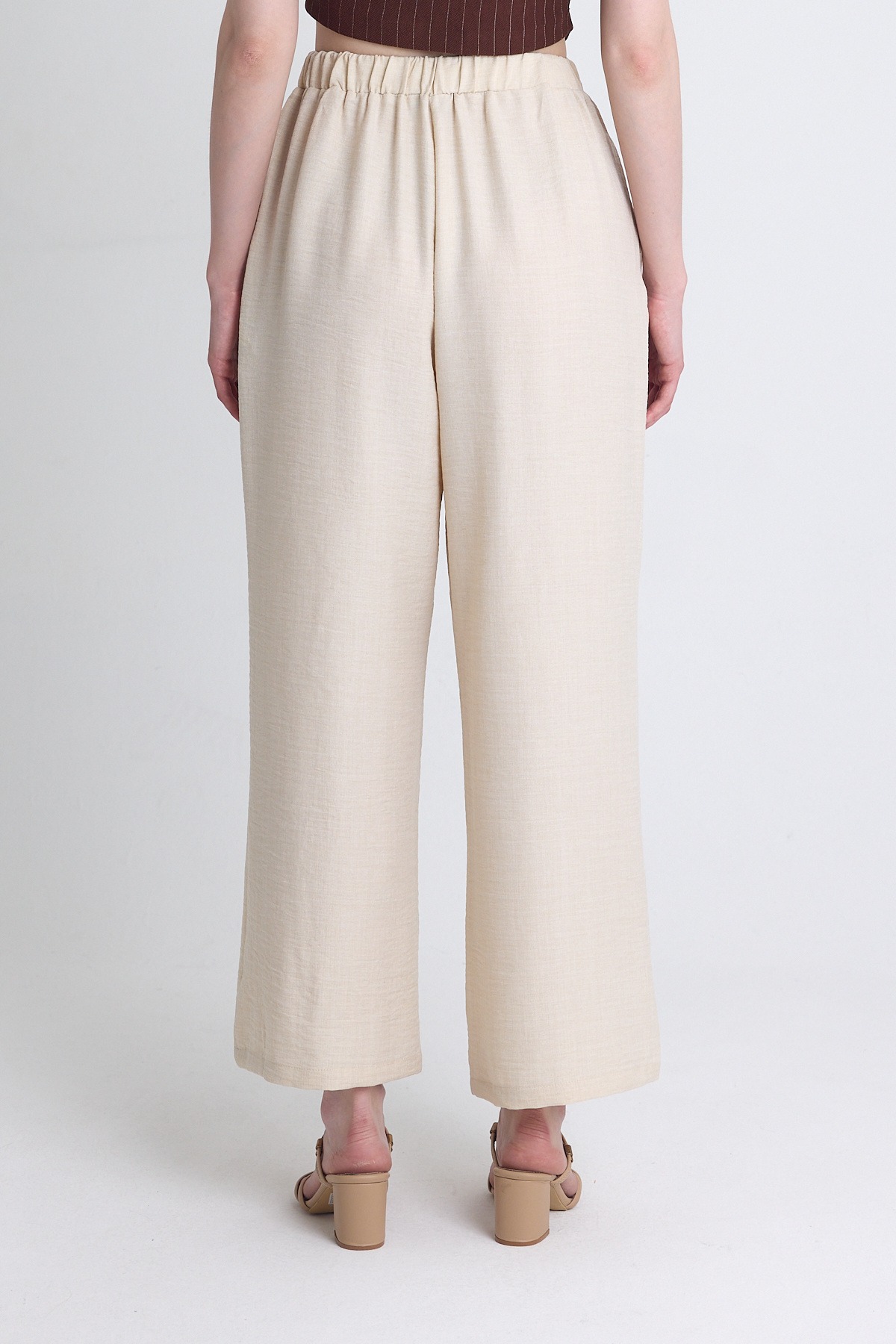 Bej Yüksek Bel Ön Pile Detaylı Pamuklu Bol Paça Pantolon 8014A - 5