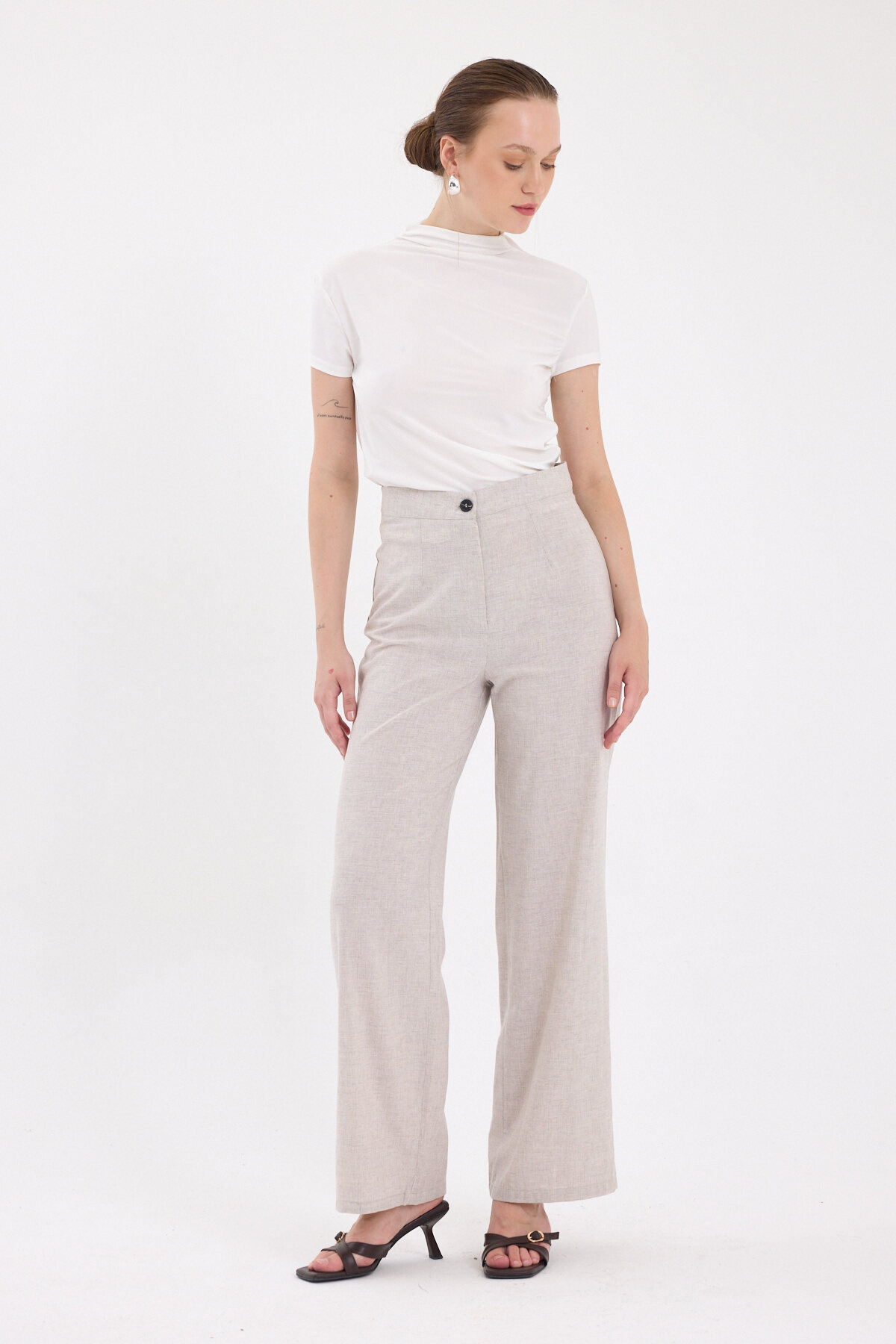 Bej Yüksek Bel Palazzo Kadın Pantolon 8021A - RAYS