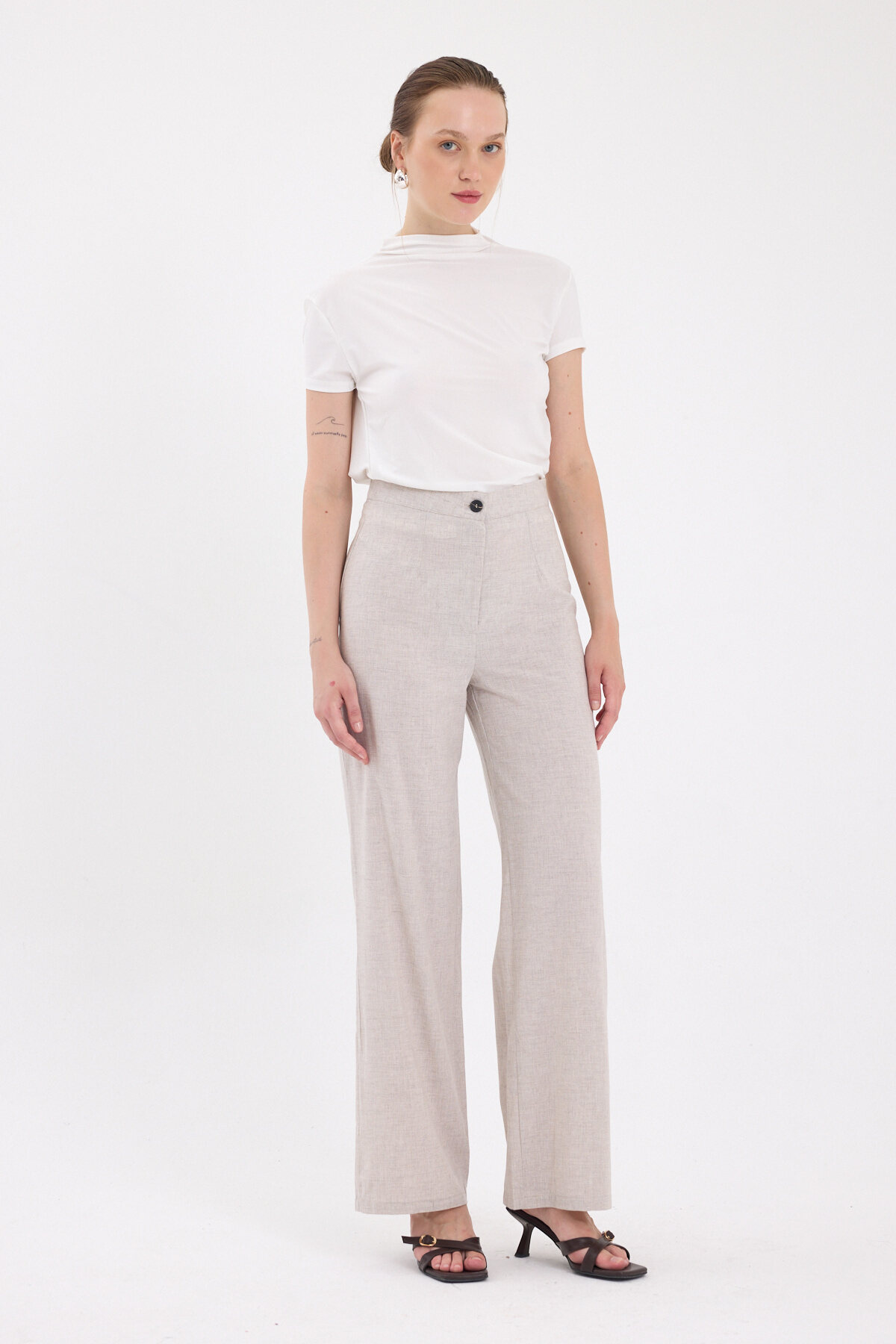 Bej Yüksek Bel Palazzo Kadın Pantolon 8021A - 1