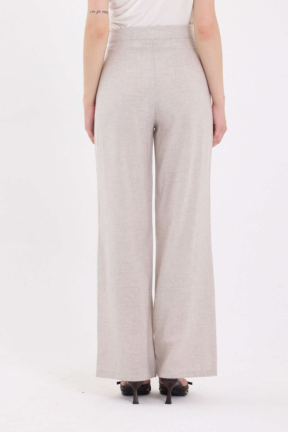 Bej Yüksek Bel Palazzo Kadın Pantolon 8021A - 5