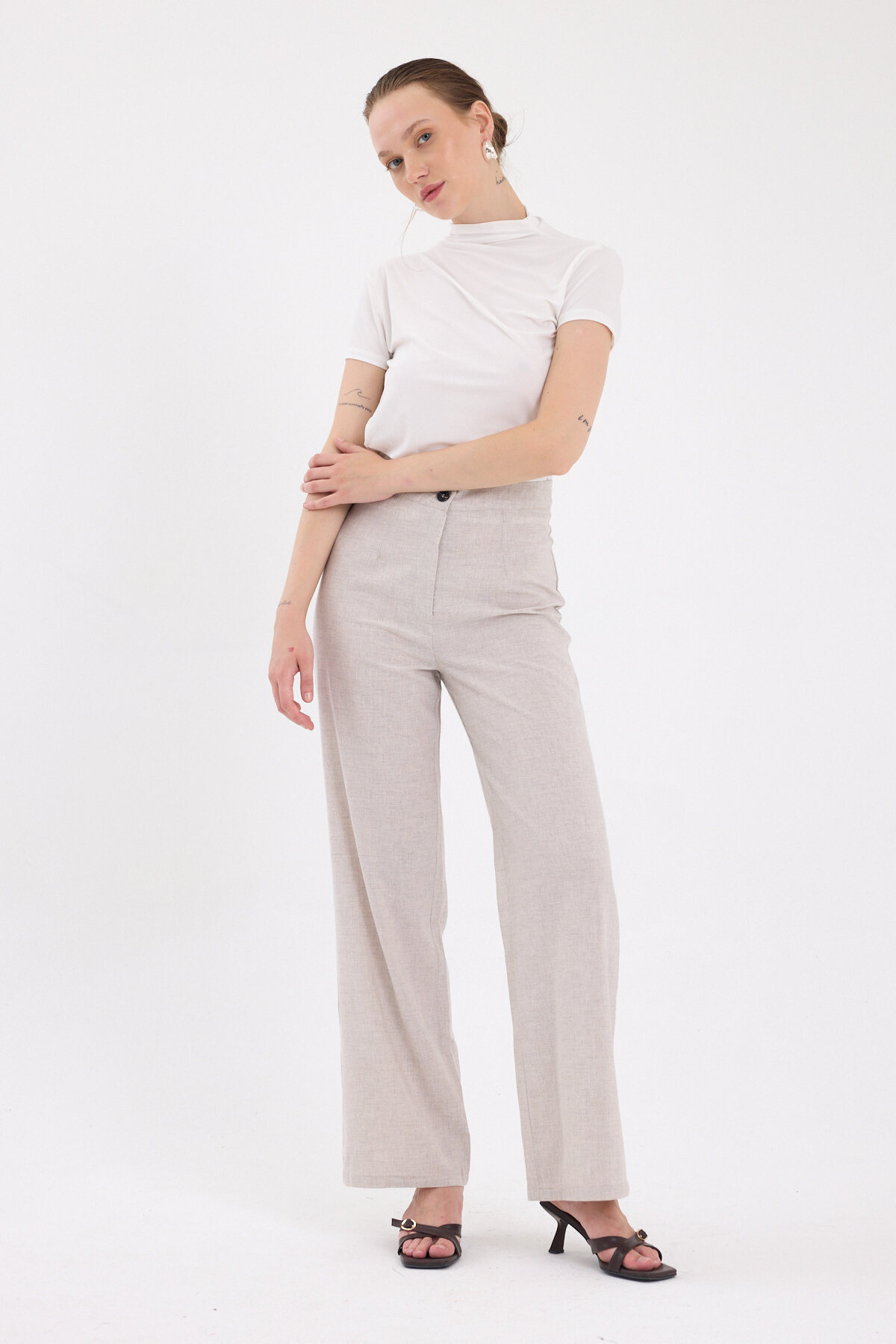 Bej Yüksek Bel Palazzo Kadın Pantolon 8021A - 7