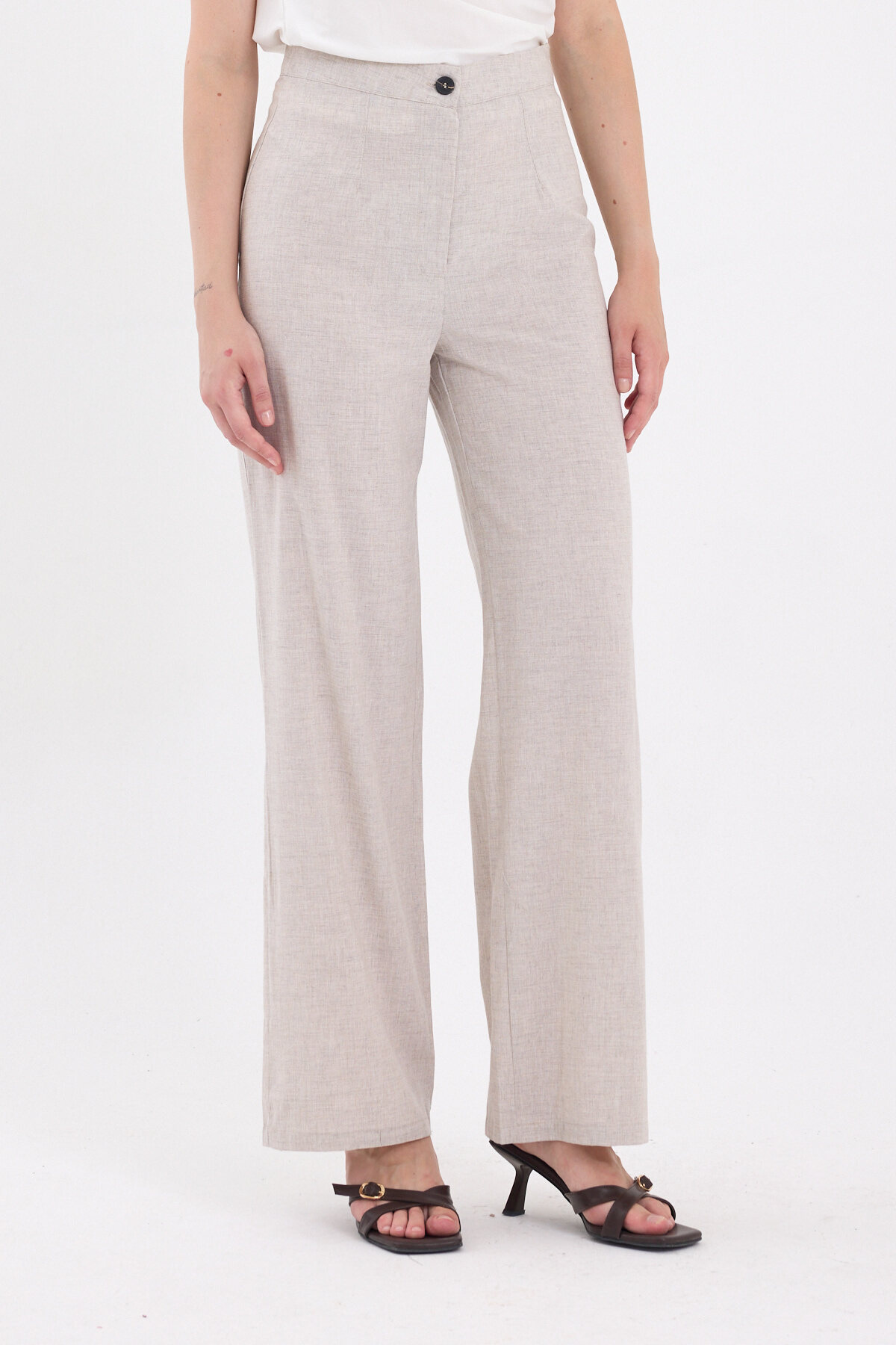 Bej Yüksek Bel Palazzo Kadın Pantolon 8021A - 3