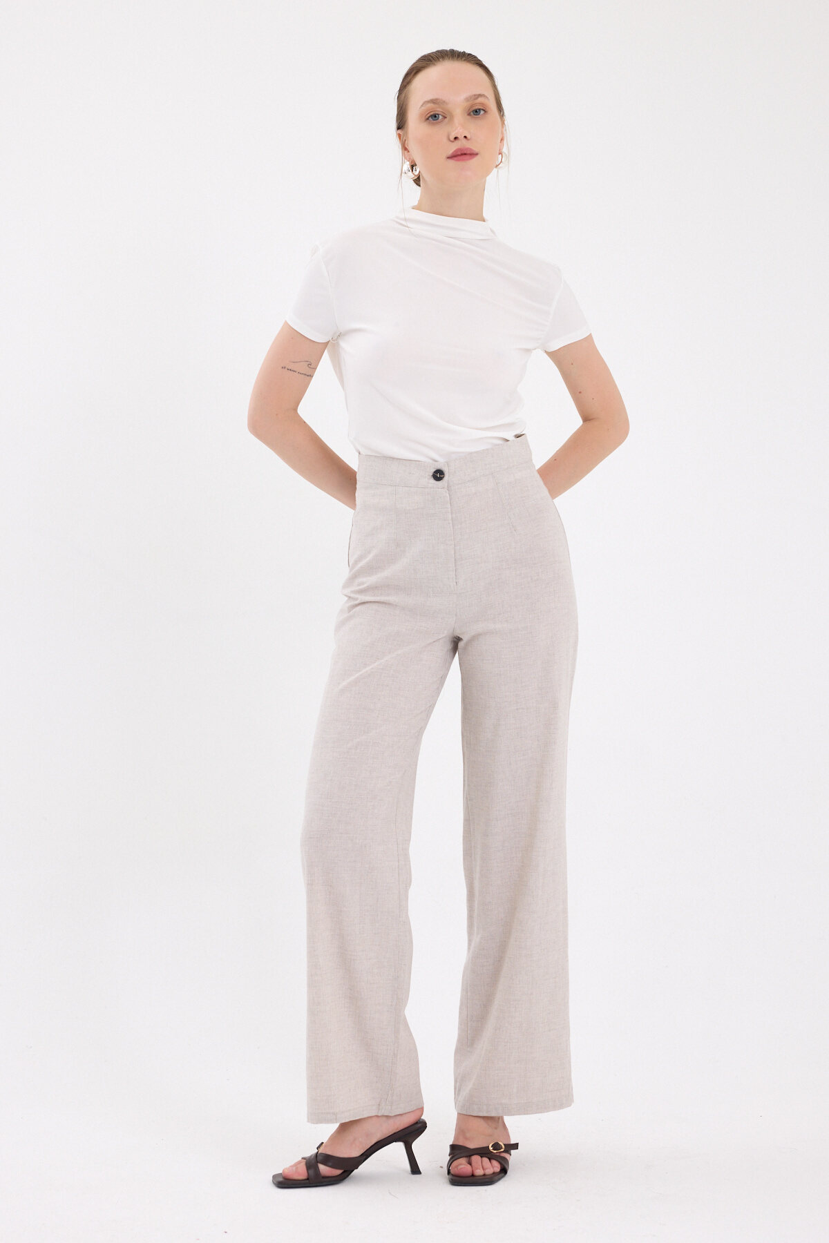 Bej Yüksek Bel Palazzo Kadın Pantolon 8021A - 6