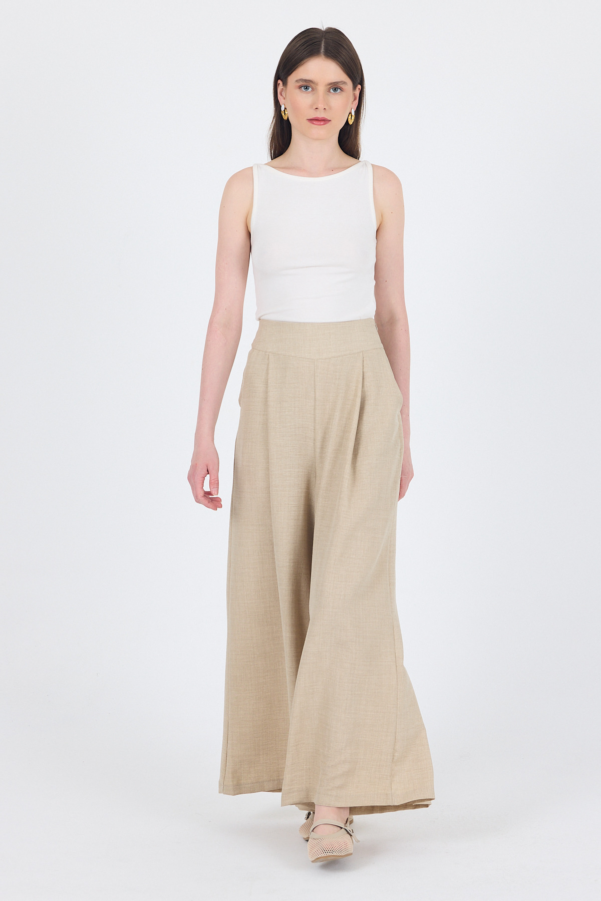 Bej Yüksek Bel Pile Detaylı Bol Paça Pantolon 4810A - RAYS