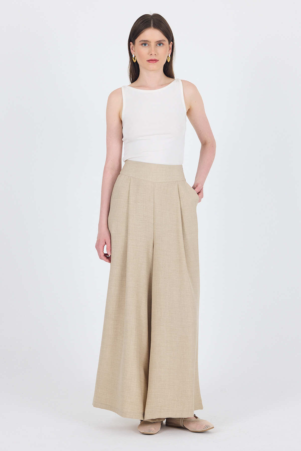 Bej Yüksek Bel Pile Detaylı Bol Paça Pantolon 4810A - 6