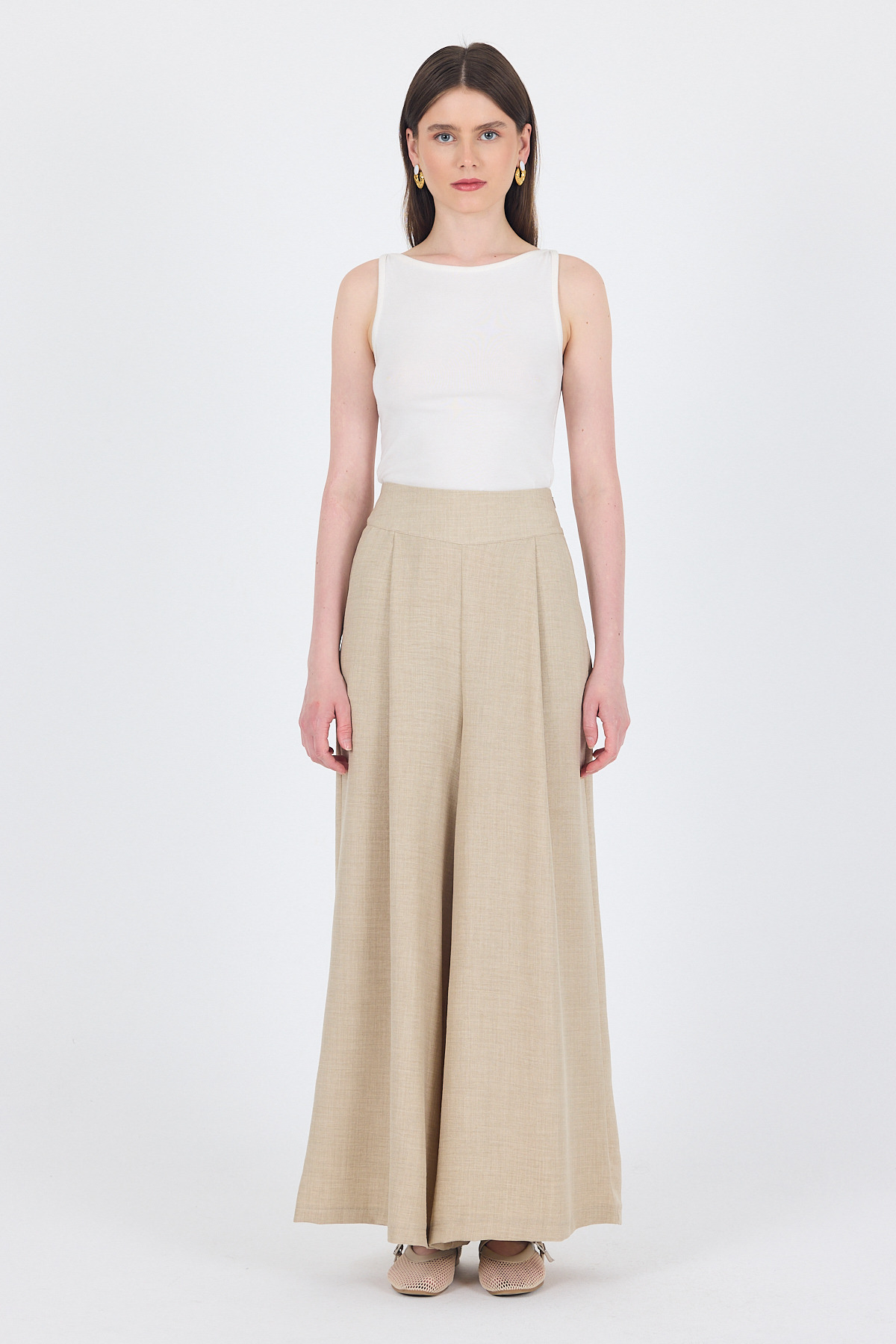 Bej Yüksek Bel Pile Detaylı Bol Paça Pantolon 4810A - RAYS