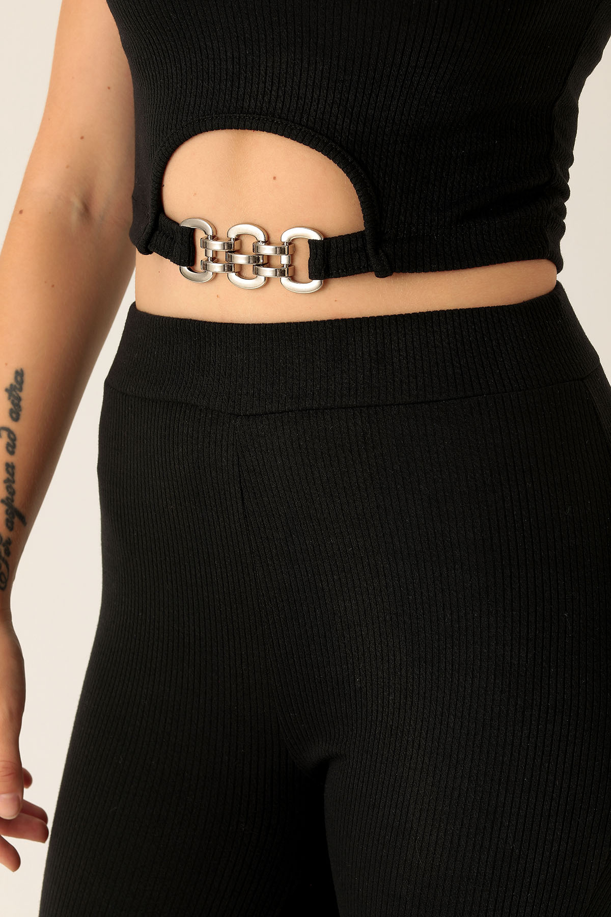 Bel Aksesuar Crop-Bayan Pantolon Takım - 10348 Siyah - 6