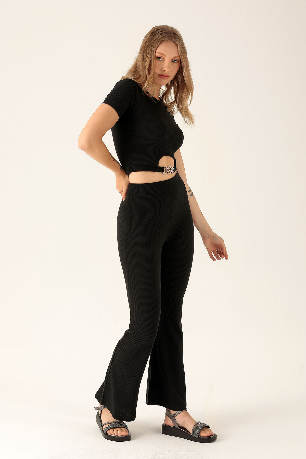 Bel Aksesuar Crop-Bayan Pantolon Takım - 10348 Siyah - 3