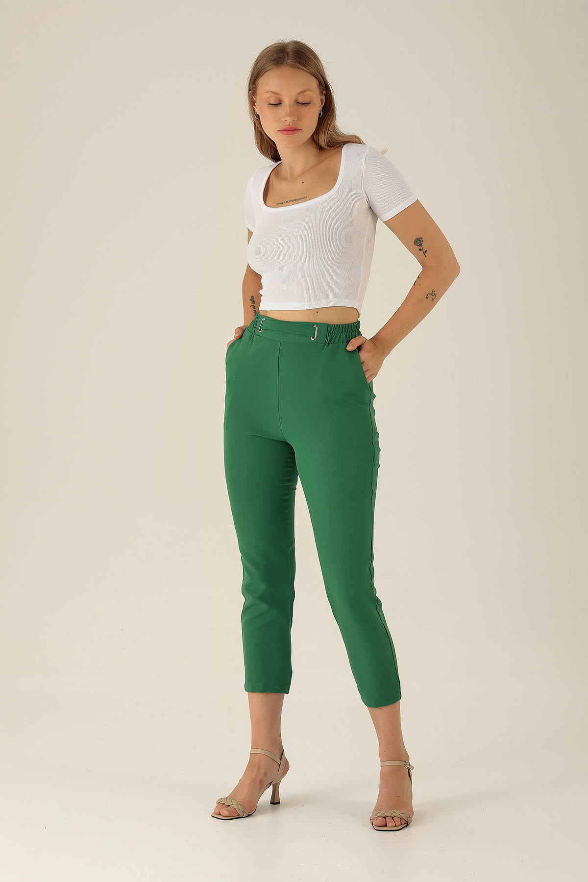 Bel Aksesuarlı Bayan Pantolon - 7105A Benetton Yeşili - 2