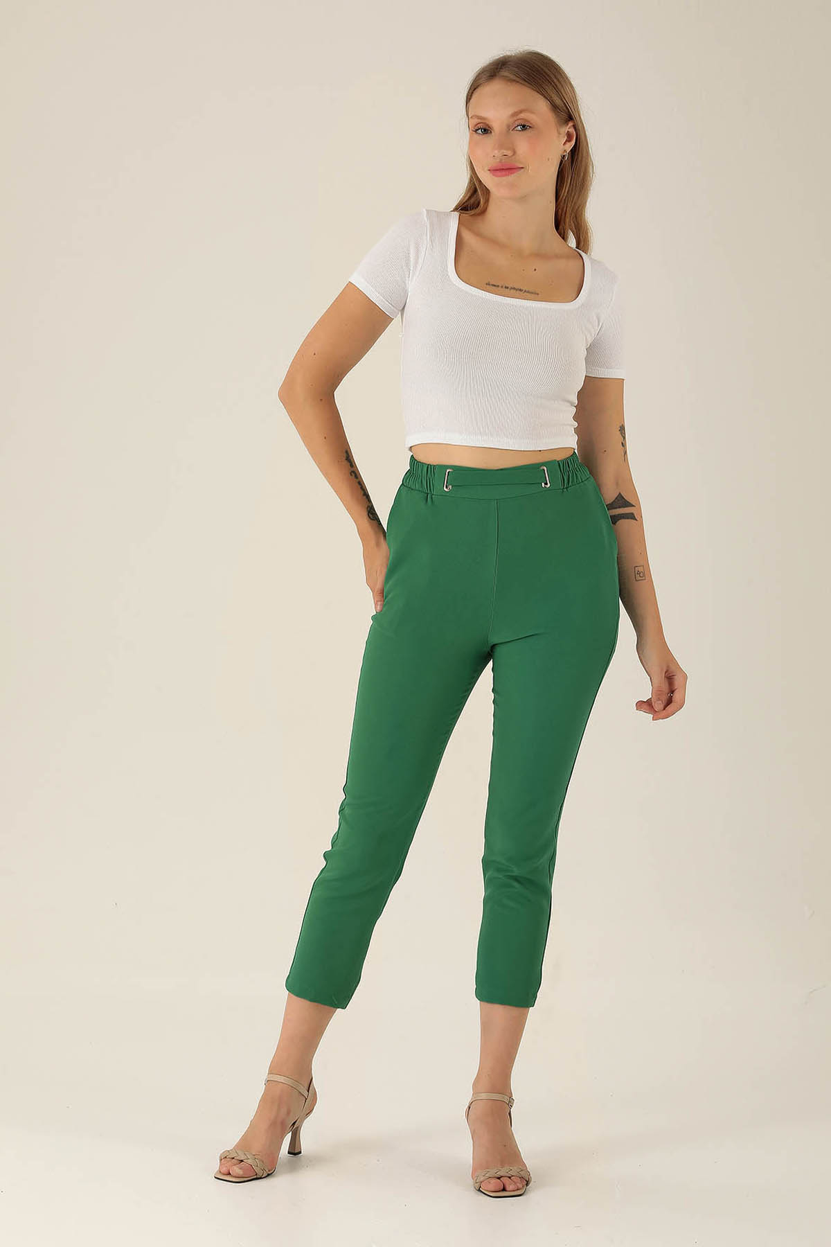 Bel Aksesuarlı Bayan Pantolon - 7105A Benetton Yeşili - 1