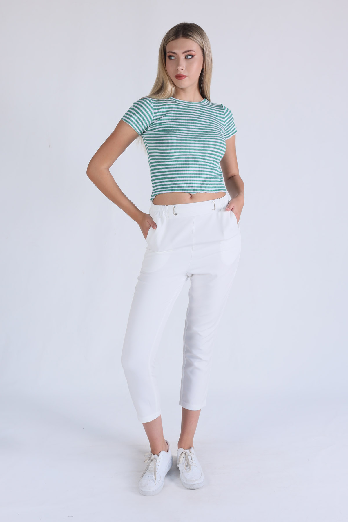 Bel Aksesuarlı Bayan Pantolon - 7105A Ekru - 1