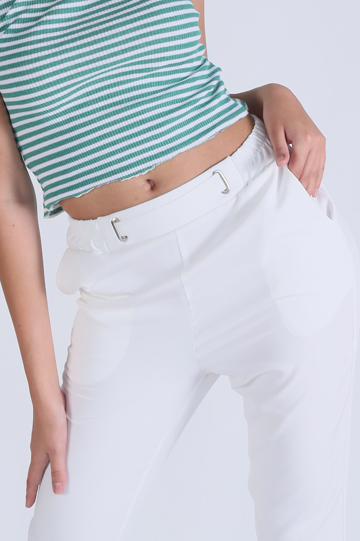 Bel Aksesuarlı Bayan Pantolon - 7105A Ekru - 3