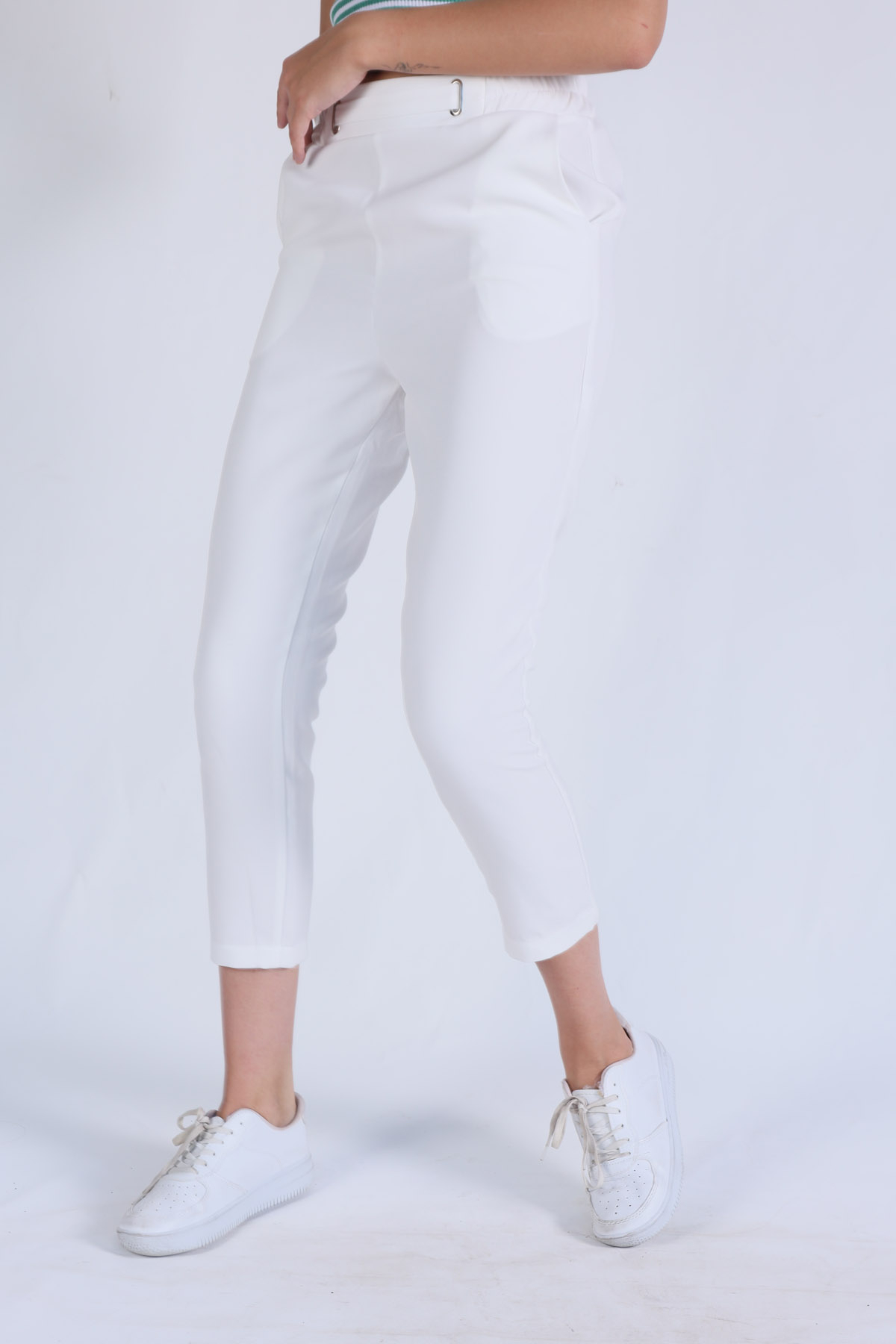 Bel Aksesuarlı Bayan Pantolon - 7105A Ekru - 2