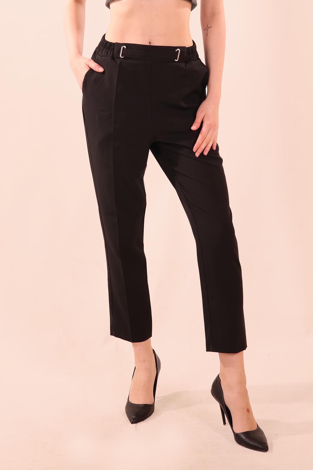 Bel Aksesuarlı Bayan Pantolon - 7105A Siyah 