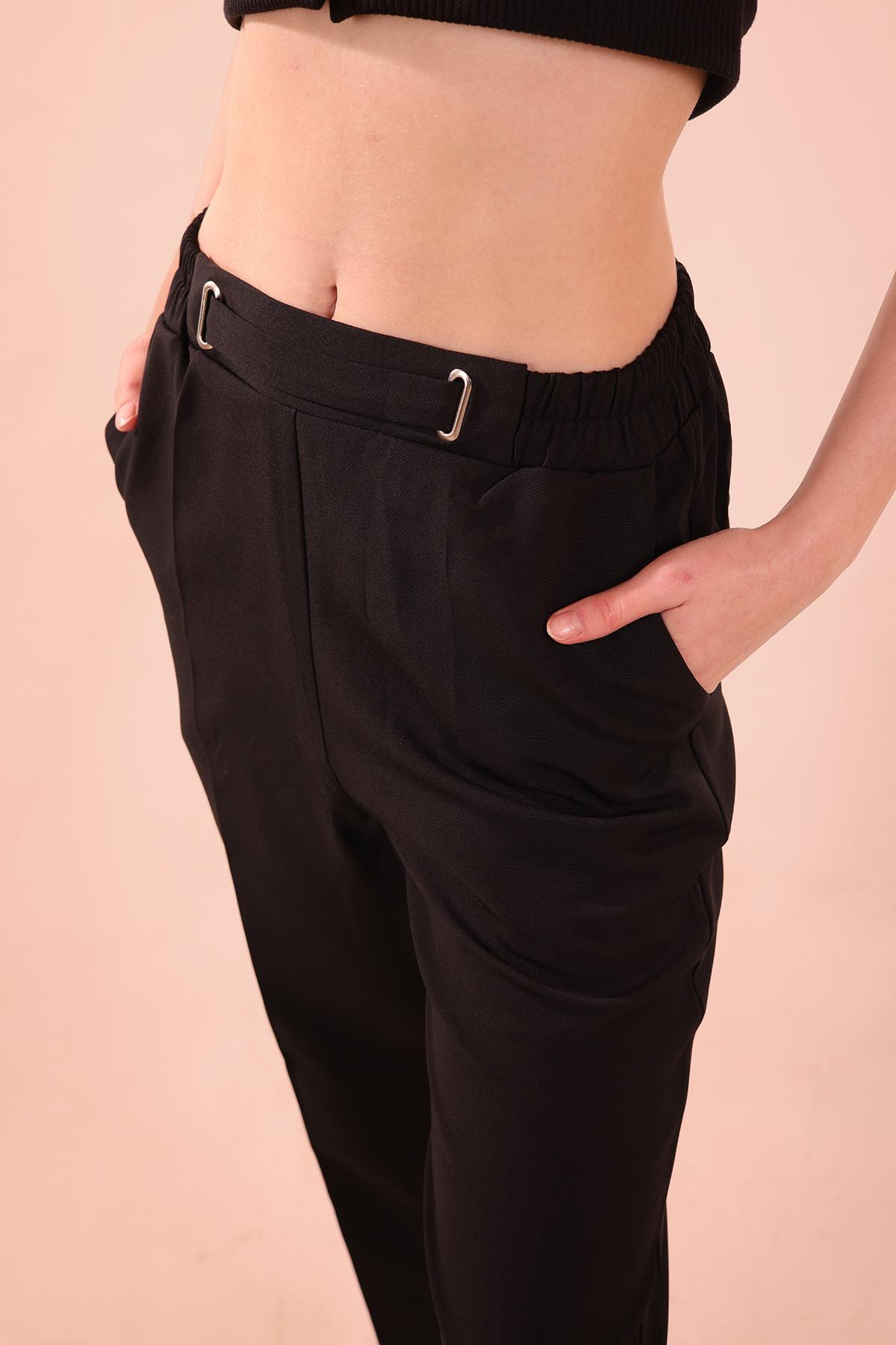 Bel Aksesuarlı Bayan Pantolon - 7105A Siyah - 5