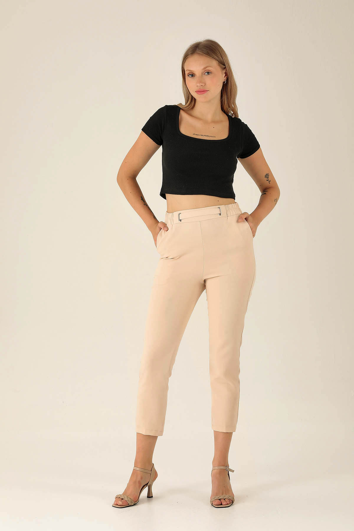 Bel Aksesuarlı Bayan Pantolon - 7105A Taş - 1