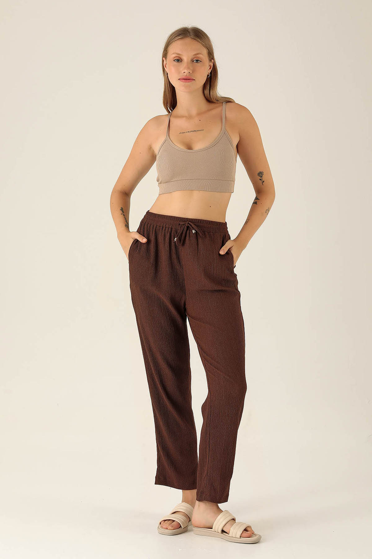 Bel Bağcık Lastikli Bayan Pantolon - 6631A Kahve 