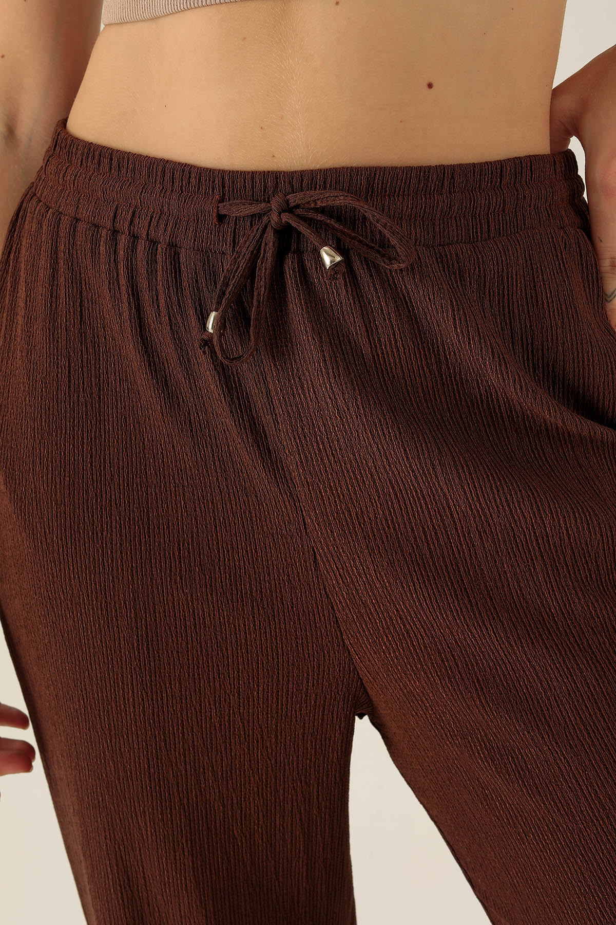 Bel Bağcık Lastikli Bayan Pantolon - 6631A Kahve - 6