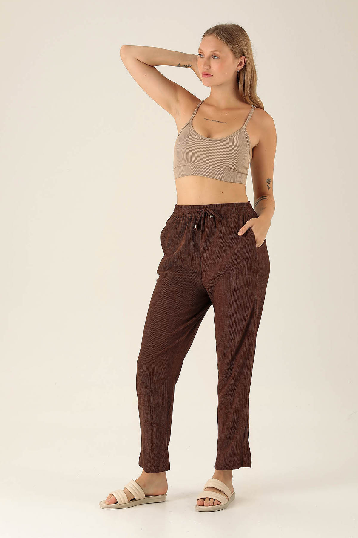Bel Bağcık Lastikli Bayan Pantolon - 6631A Kahve - 2
