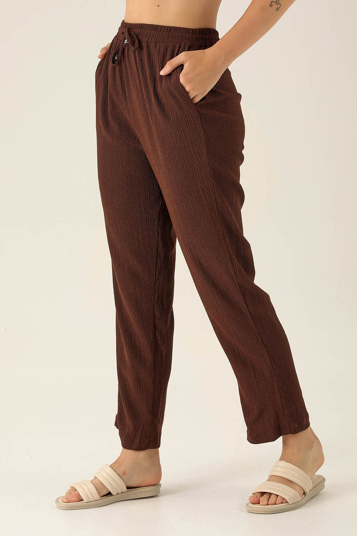 Bel Bağcık Lastikli Bayan Pantolon - 6631A Kahve - 3