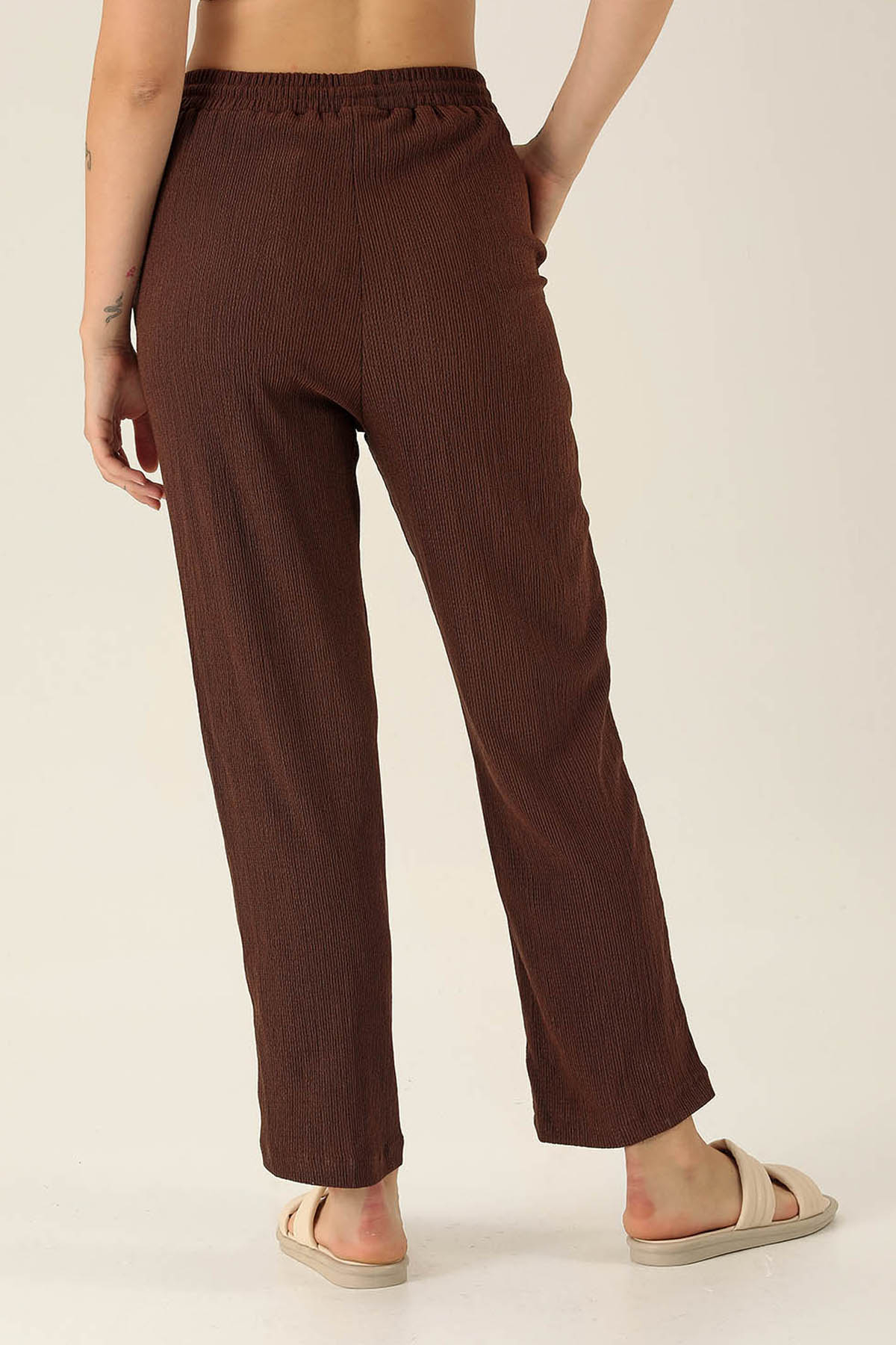 Bel Bağcık Lastikli Bayan Pantolon - 6631A Kahve - 5