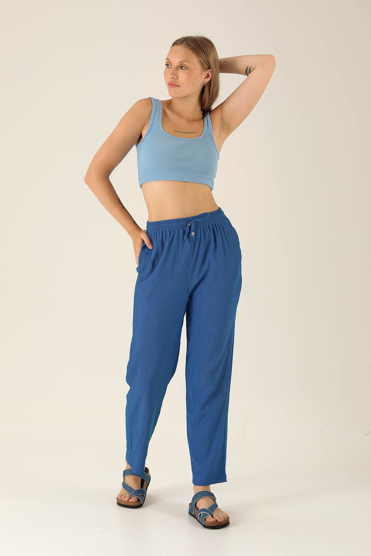 Bel Bağcık Lastikli Bayan Pantolon - 6631A Saks - 2