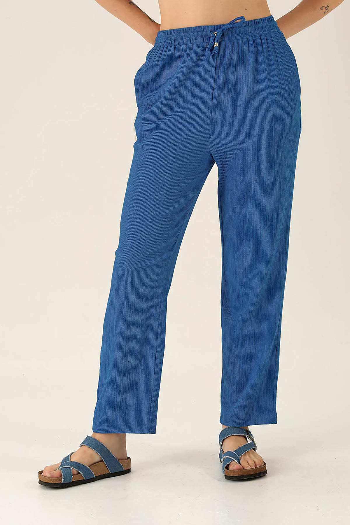 Bel Bağcık Lastikli Bayan Pantolon - 6631A Saks - 3