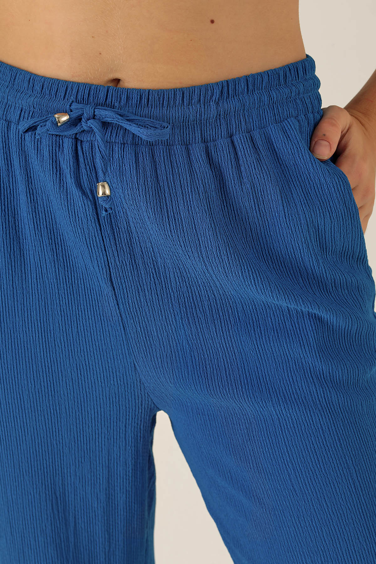 Bel Bağcık Lastikli Bayan Pantolon - 6631A Saks - 6