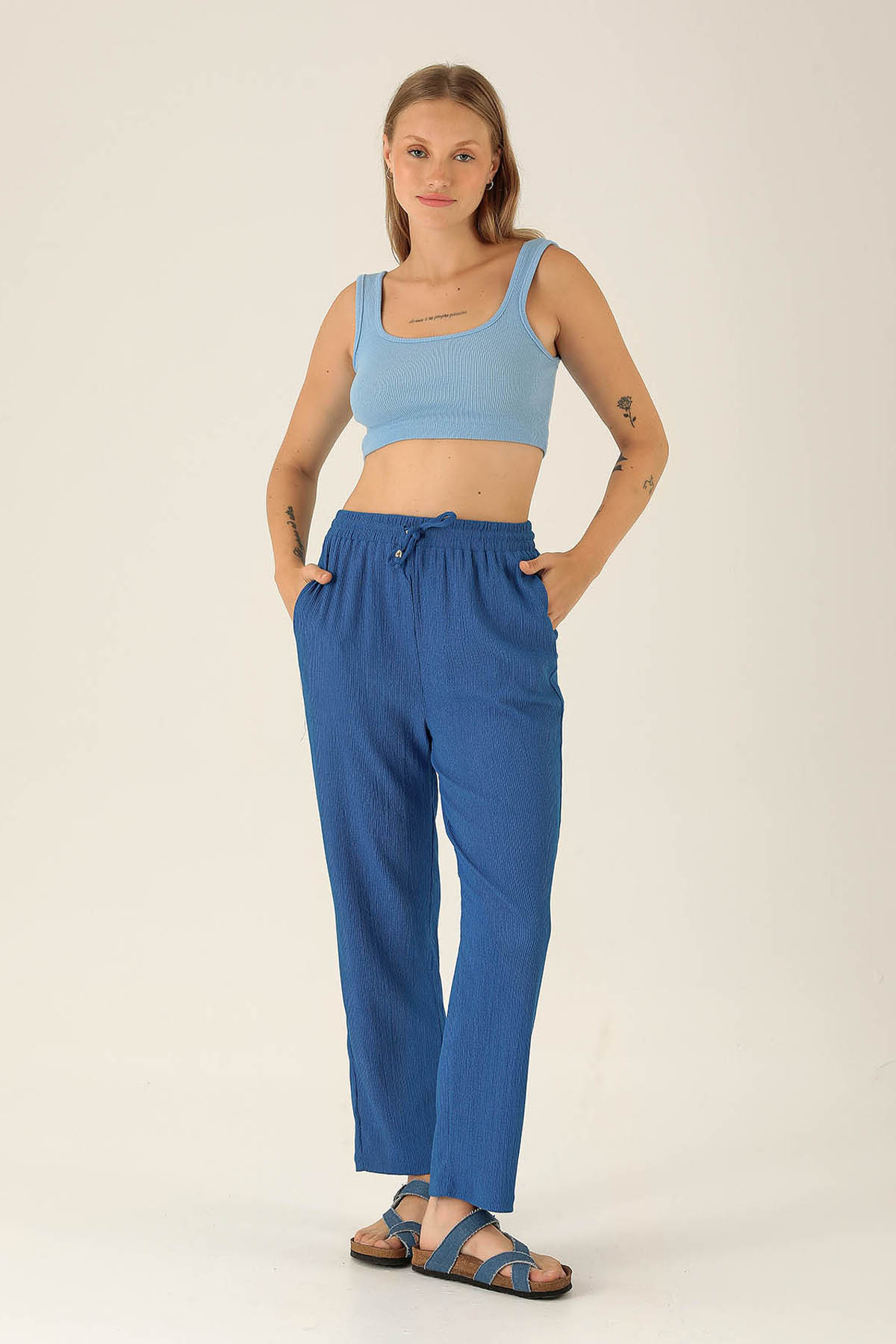 Bel Bağcık Lastikli Bayan Pantolon - 6631A Saks - 1