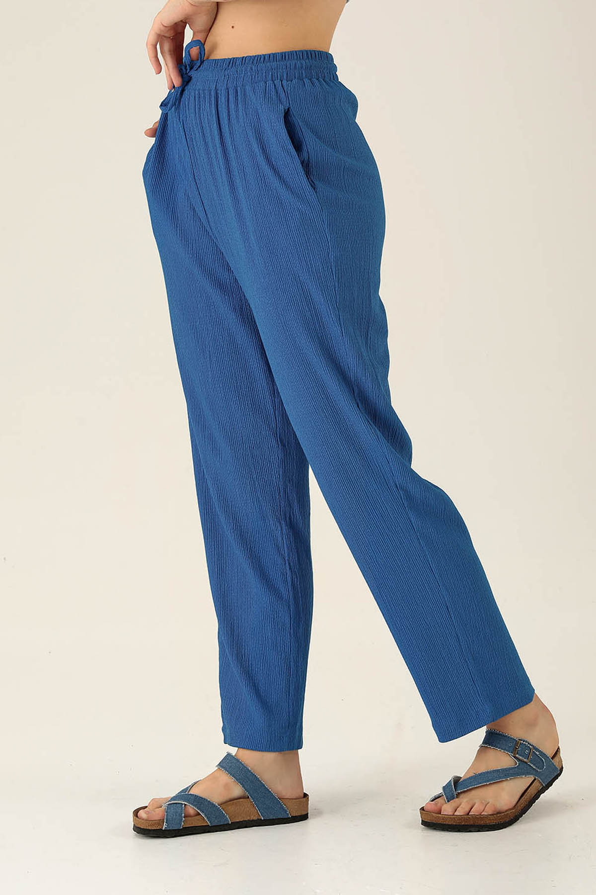 Bel Bağcık Lastikli Bayan Pantolon - 6631A Saks - 4