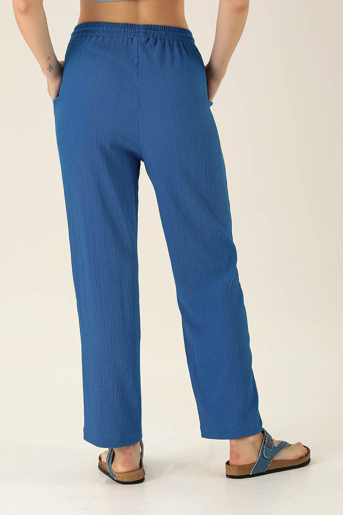 Bel Bağcık Lastikli Bayan Pantolon - 6631A Saks - 5