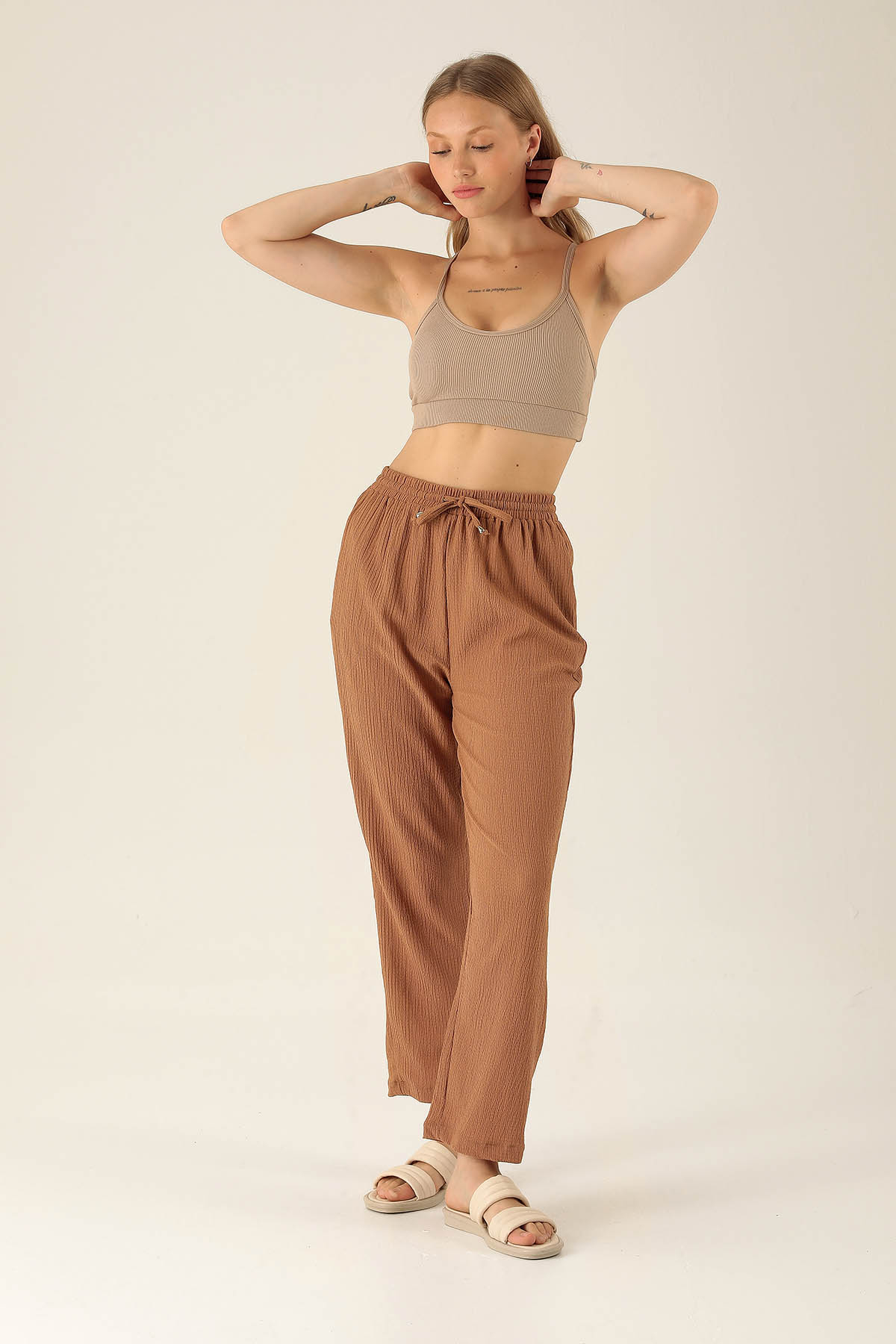 Bel Bağcık Lastikli Bayan Pantolon - 6631A Taba - 1