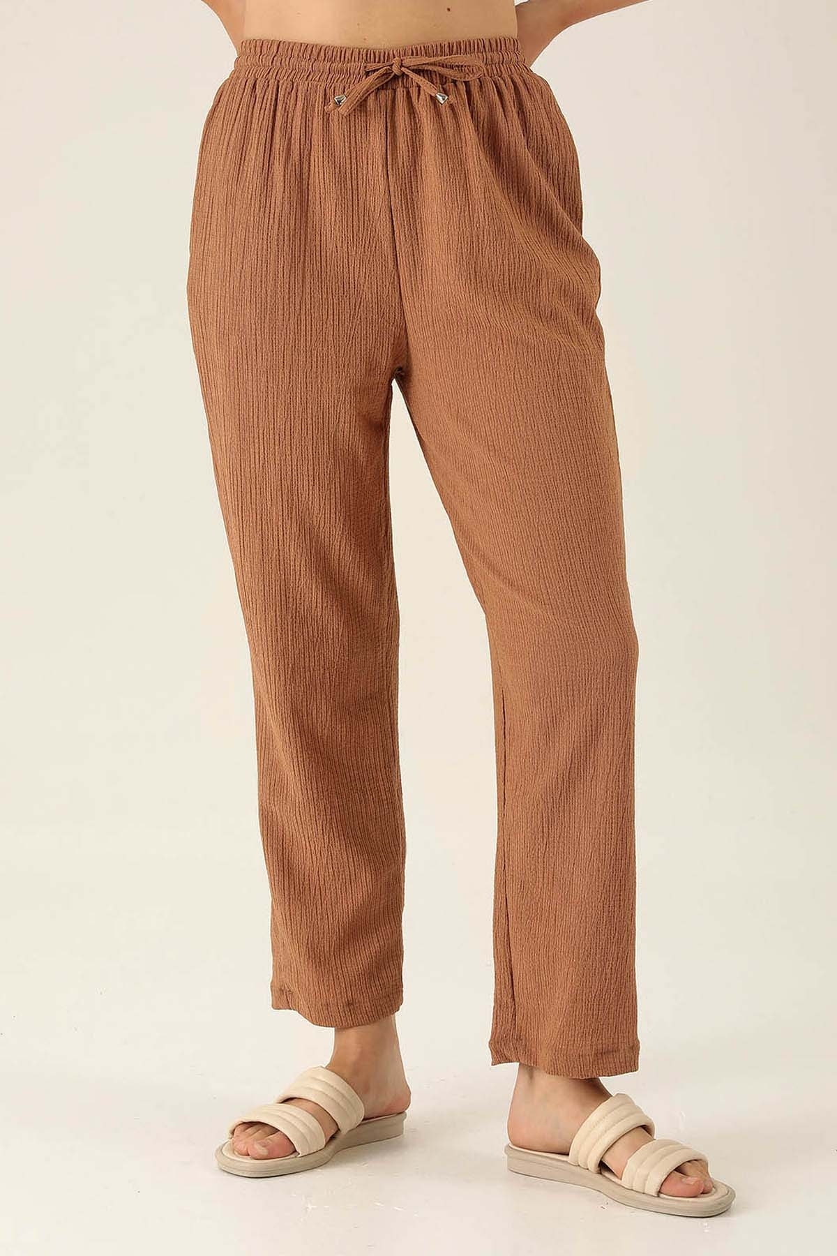 Bel Bağcık Lastikli Bayan Pantolon - 6631A Taba - 3