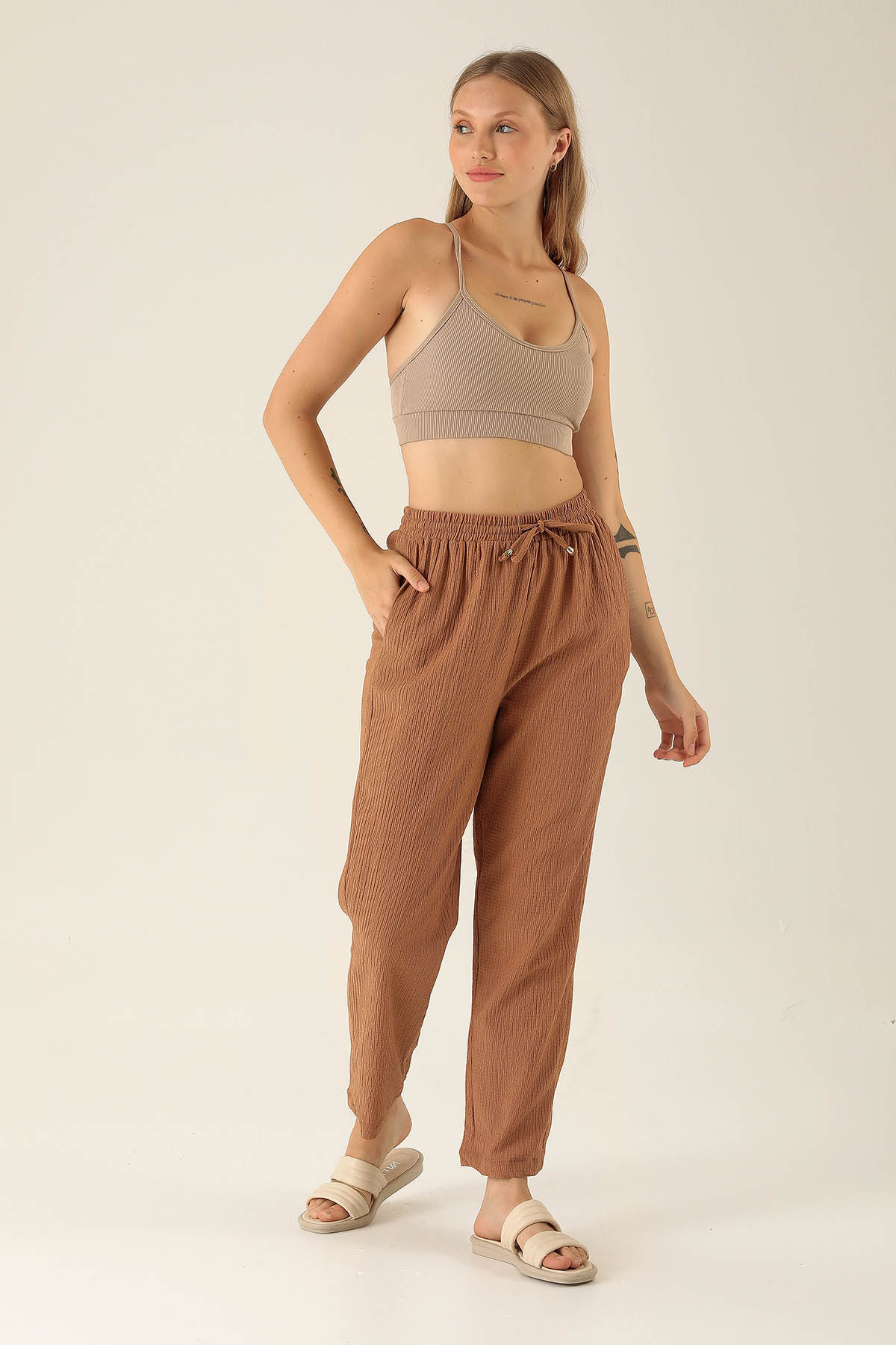 Bel Bağcık Lastikli Bayan Pantolon - 6631A Taba - 2