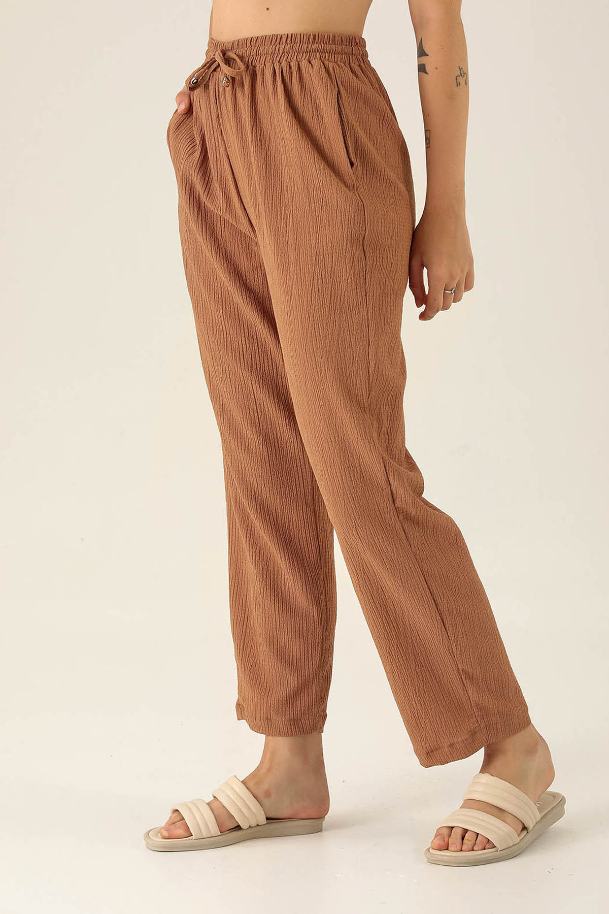 Bel Bağcık Lastikli Bayan Pantolon - 6631A Taba - 4