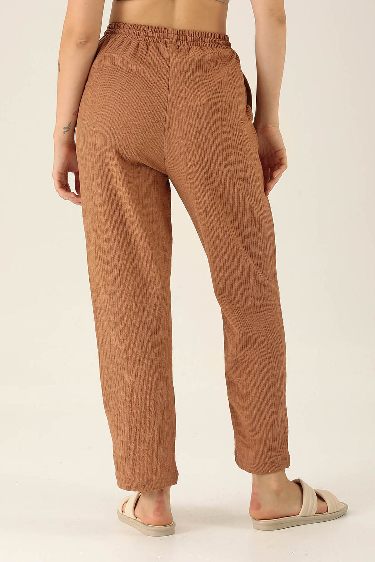 Bel Bağcık Lastikli Bayan Pantolon - 6631A Taba - 5