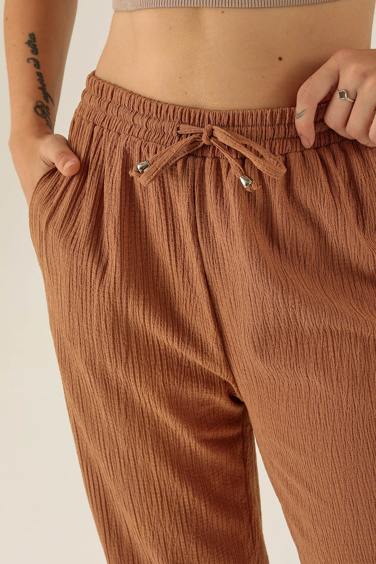 Bel Bağcık Lastikli Bayan Pantolon - 6631A Taba - 6