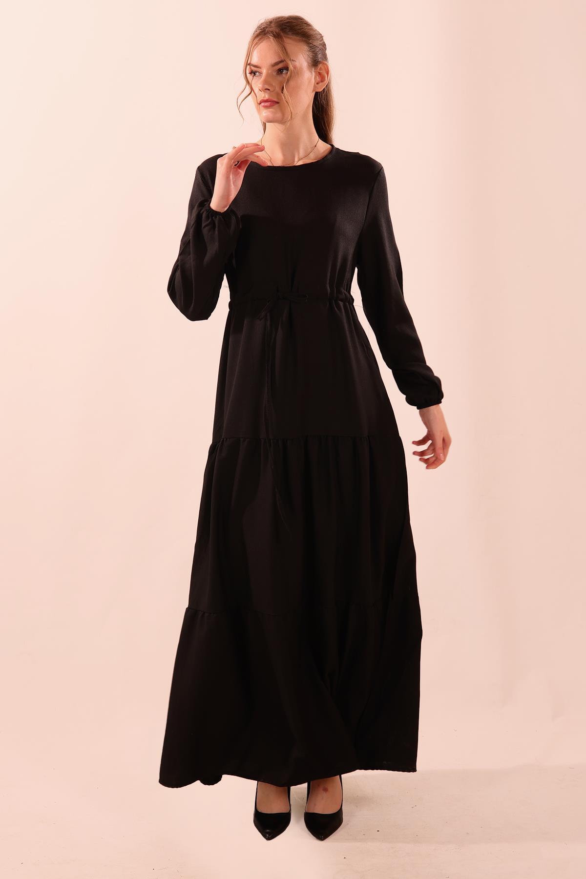 Bel Bağlamalı Keten Elbise - 9701 Siyah 