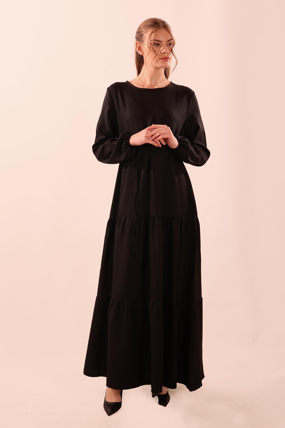 Bel Bağlamalı Keten Elbise - 9701 Siyah - 3