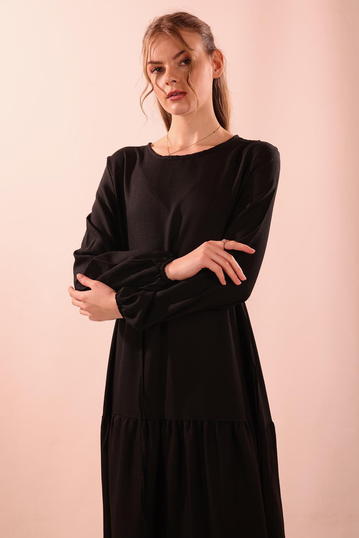 Bel Bağlamalı Keten Elbise - 9701 Siyah - 4