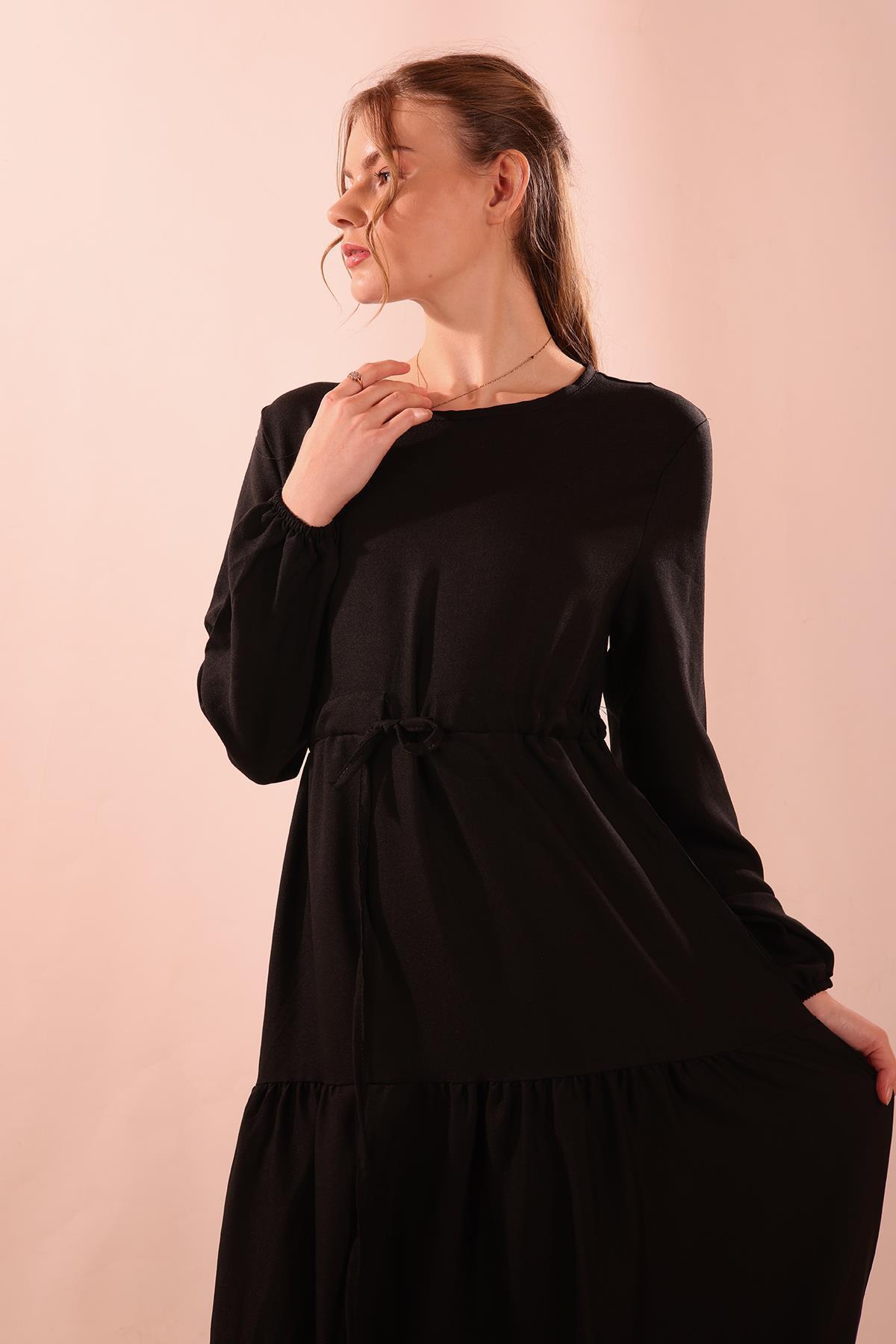 Bel Bağlamalı Keten Elbise - 9701 Siyah - 5