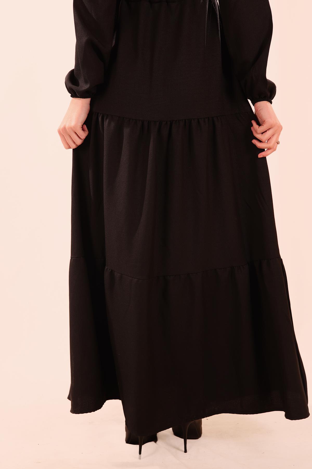 Bel Bağlamalı Keten Elbise - 9701 Siyah - 6