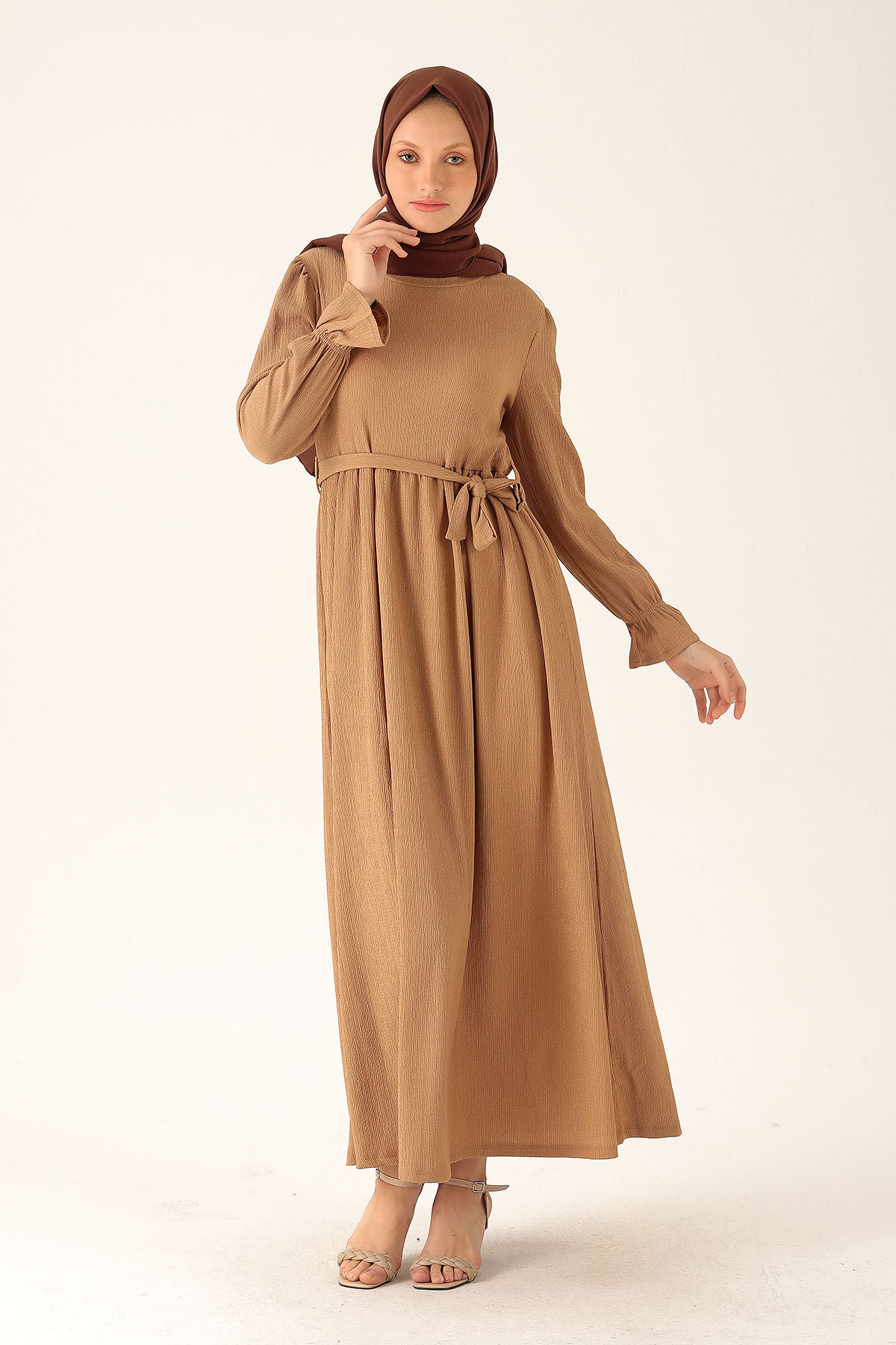 Bel Kuşaklı Elbise - 2613 Bisküvi - 2