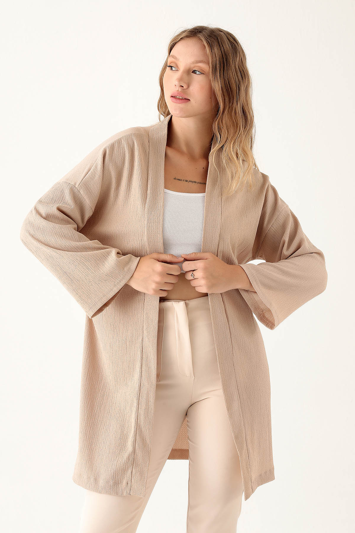 Bel Kuşaklı Kimono - 6538A Bej - 2