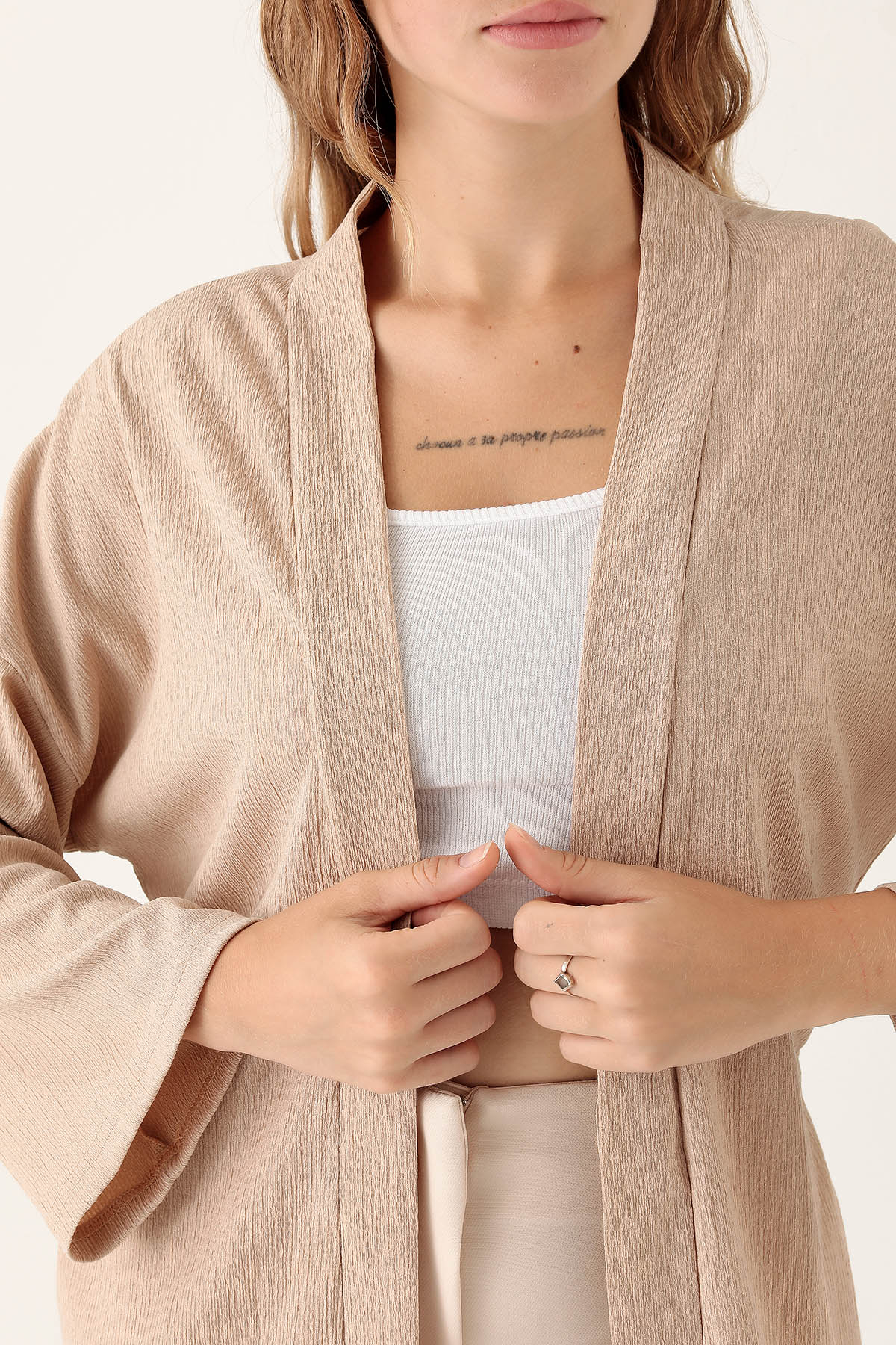 Bel Kuşaklı Kimono - 6538A Bej - 6